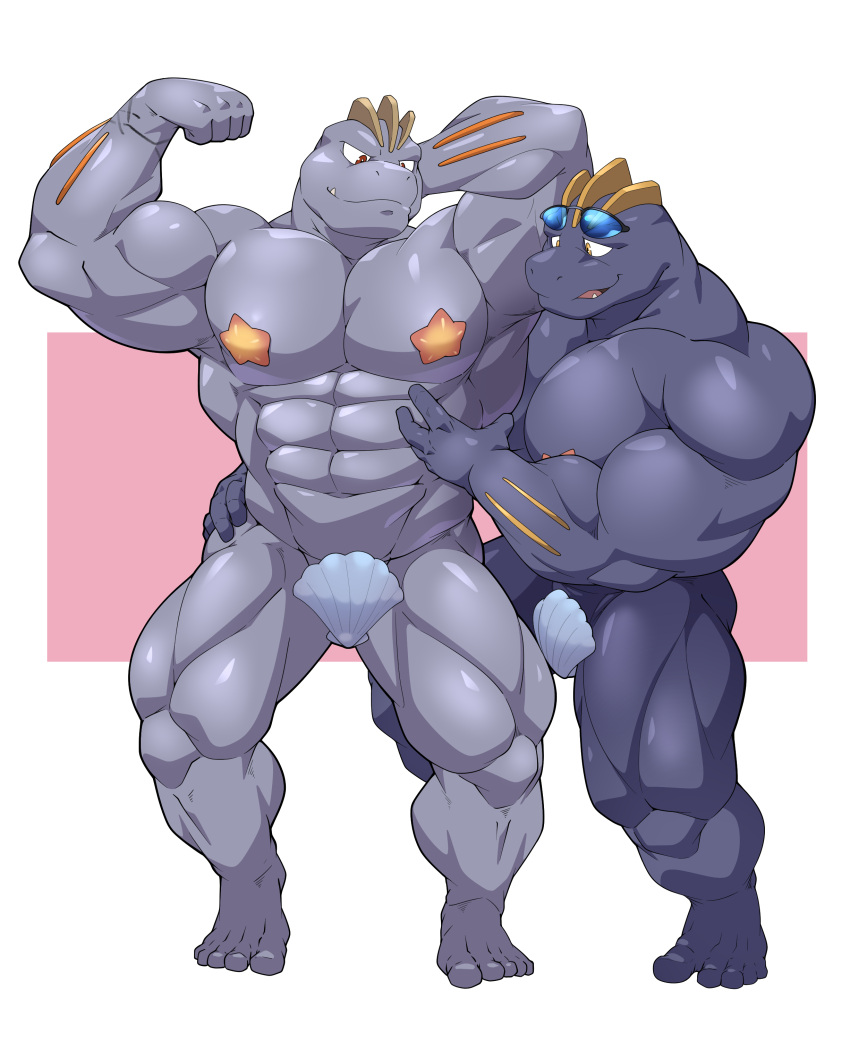 abs absurd_res big_pecs clothed clothing duo eyewear flint_steel generation_1_pokemon hi_res humanoid machoke maldu male male/male muscular muscular_humanoid muscular_male nintendo partially_clothed pecs pokemon pokemon_(species) ryuji_kaiyo shell sunglasses