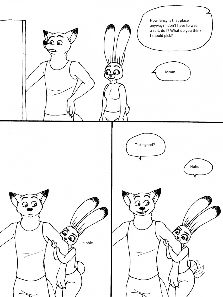 2023 4_fingers anthro arm_bite bernielover bernielover's_college_au breasts canid canine claws clothed clothing comic dialogue disney duo english_text female finger_claws fingers fox fur hi_res humanoid_hands judy_hopps lagomorph leporid male male/female mammal nick_wilde rabbit shirt smile speech_bubble tail tail_motion tailwag tank_top text topwear zootopia
