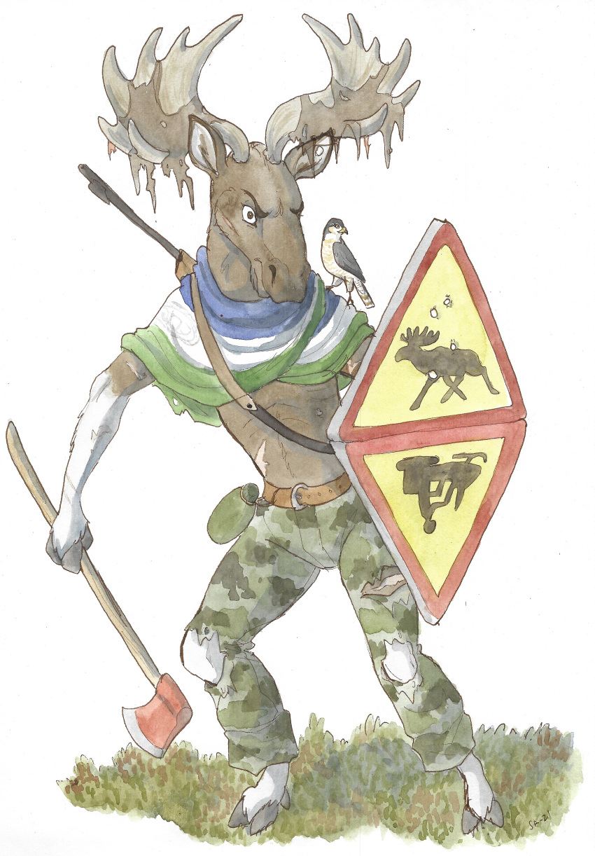 2022 absurd_res anthro antlers avian axe belt bird bjekkergauken bottomwear brown_body bullet_hole camo camo_bottomwear camo_clothing camo_pants camo_print canteen clothing deer falcon falconid gloves_(marking) gun hi_res hooved_hands hooves horn male mammal markings moose new_world_deer pants pattern_bottomwear pattern_clothing pattern_pants ranged_weapon rifle shield solo traffic_sign weapon