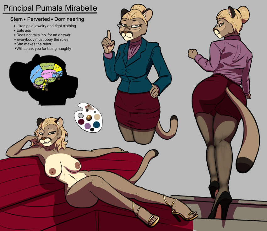 2023 absurd_res anthro bottomwear breasts butt callmewritefag clothed clothing colored cougar digital_drawing_(artwork) digital_media_(artwork) english_text fan_character felid feline female fur furniture hair hanna-barbera hi_res legwear looking_at_viewer lounging mammal mature_anthro mature_female model_sheet nipples nude pantyhose pumala_mirabelle_(callmewritefag) shaded simple_background skirt smile solo standing swat_kats tail text tight_clothing topwear