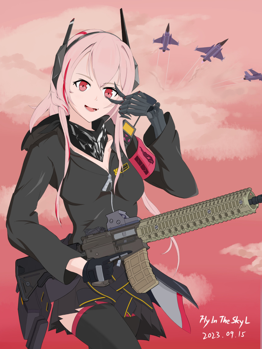 absurdres aircraft airplane black_jacket fighter_jet flyintheskyl girls'_frontline gun highres holding holding_gun holding_weapon jacket jet long_sleeves m4_sopmod_ii_(girls'_frontline) military_vehicle pink_background pink_eyes weapon zipper_pull_tab