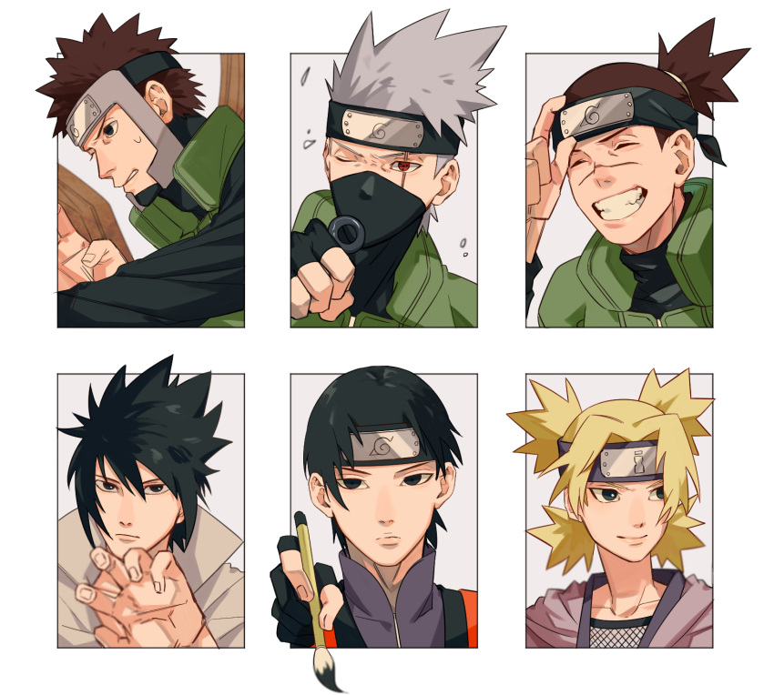 1girl 5boys black_eyes black_hair black_hairband blonde_hair blue_eyes brown_hair calligraphy_brush collarbone fingernails fishnets grey_hair grin hairband hatake_kakashi highres holding holding_calligraphy_brush holding_weapon japanese_clothes kunai messy_hair mirin_(coene65) multiple_boys naruto naruto_(series) one_eye_closed paintbrush ponytail quad_tails sai_(naruto) scar scar_across_eye scar_on_face short_hair smile sweatdrop temari_(naruto) uchiha_sasuke umino_iruka weapon yamato_(naruto)