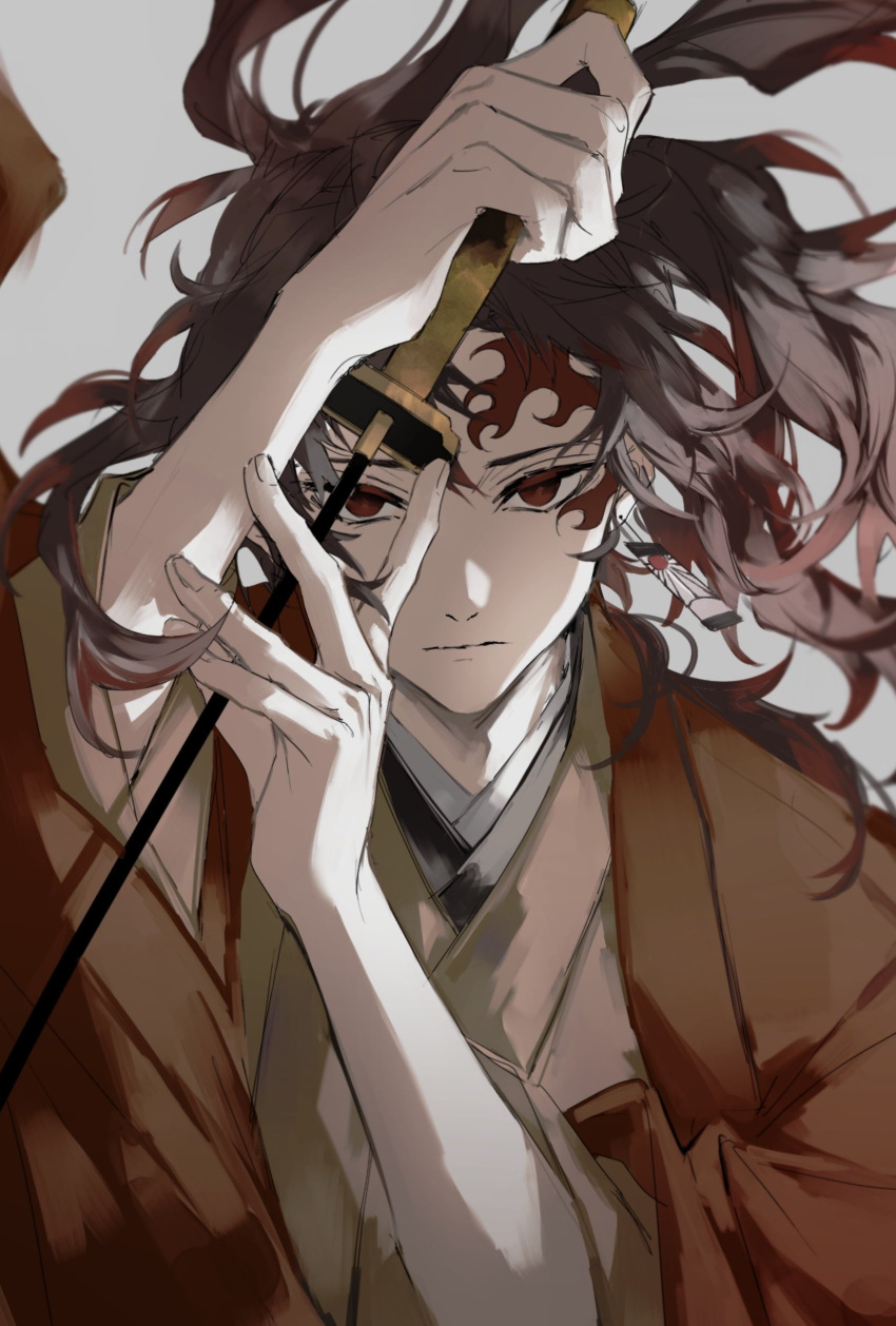 1boy absurdres brown_hair brown_jacket brown_shirt closed_mouth earrings eyeshadow facial_tattoo fingernails grey_background hands_up highres holding holding_sword holding_weapon jacket japanese_clothes jewelry kamado_tanjirou katana kimetsu_no_yaiba long_hair long_sleeves looking_at_viewer makeup male_focus mzc1785 open_clothes open_jacket ponytail red_eyes red_eyeshadow shirt simple_background single_earring solo sun_symbol sword tattoo weapon wide_sleeves
