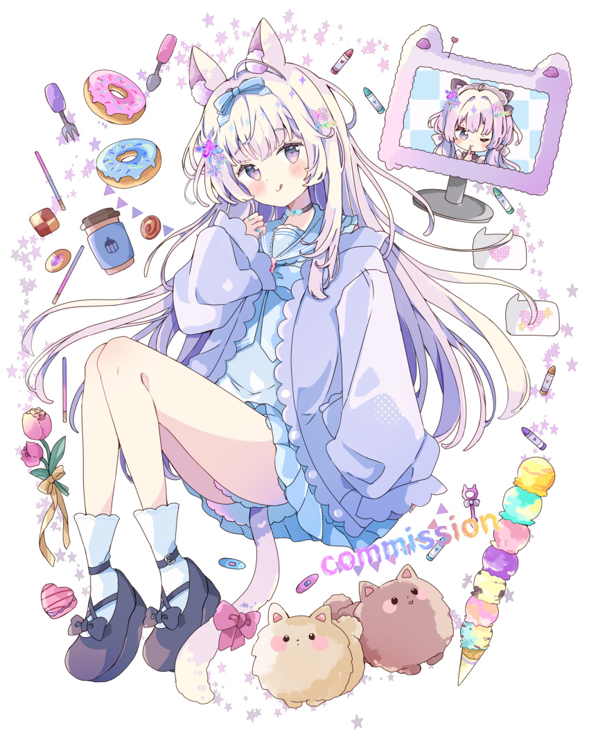 1girl :q absurdres animal_ear_fluff animal_ears black_choker black_footwear blue_bow blue_sailor_collar blue_serafuku blue_shirt blue_skirt blush bow checkerboard_cookie choker closed_mouth coffee_cup commentary_request commission cookie cup disposable_cup doughnut flower food fork full_body grey_hair hand_up heart highres ice_cream ice_cream_cone jacket long_hair long_sleeves looking_at_viewer monitor open_clothes open_jacket original pink_flower pleated_skirt puffy_long_sleeves puffy_sleeves purple_eyes purple_jacket sailor_collar school_uniform serafuku shirt shoes simple_background skeb_commission skirt sleeves_past_fingers sleeves_past_wrists smile socks solo spoon starry_background tail tongue tongue_out too_many too_many_scoops tsukiyo_(skymint) very_long_hair white_background white_socks