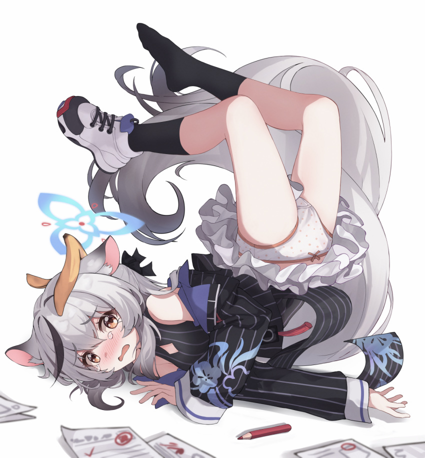 1girl animal_ear_fluff animal_ears banana_peel black_dress black_hair black_jacket black_socks blue_archive blush bow bow_panties cleavage_cutout clothing_cutout colored_pencil dress fallen_down gradient_hair grey_hair halo highres jacket kokona_(blue_archive) long_hair multicolored_hair nose_blush off_shoulder open_clothes open_jacket open_mouth panties paper pencil pinstripe_dress pinstripe_jacket pinstripe_pattern polka_dot polka_dot_panties ripnte shoes single_shoe sleeveless sleeveless_dress sneakers socks solo streaked_hair striped tearing_up thighs top-down_bottom-up twisted_torso two-tone_hair underwear very_long_hair wavy_mouth white_footwear