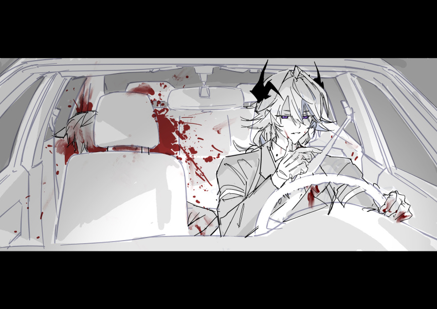 1boy 1other absurdres arknights blood blood_on_clothes blood_on_face blood_on_hands blood_splatter braid car car_interior commentary corpse demon_boy demon_horns driving formal gloves grey_suit highres horns implied_murder kaninn limited_palette long_hair male_focus motor_vehicle purple_eyes puzzle_(arknights) rear-view_mirror seatbelt solo_focus steering_wheel suit upper_body white_gloves white_hair wiping_face