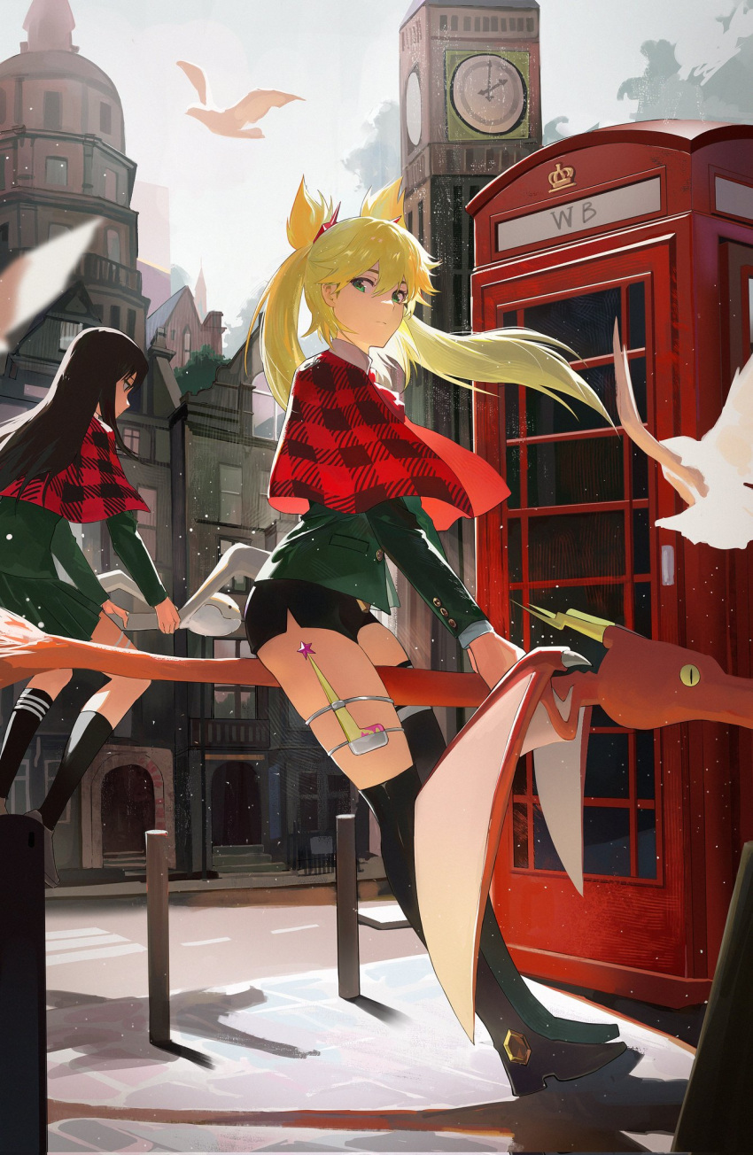 2girls bird black_hair black_socks blonde_hair blue_eyes bollard boots building burn_the_witch cape capelet dragon flying green_jacket green_skirt high_heel_boots high_heels highres jacket long_hair looking_to_the_side multiple_girls niihashi_noel ninny_spangcole outdoors phone_booth plaid_capelet red_cape red_capelet road short_shorts shorts sidelocks skirt sky socks street thigh_strap thighhighs twintails zzz_zhi_he