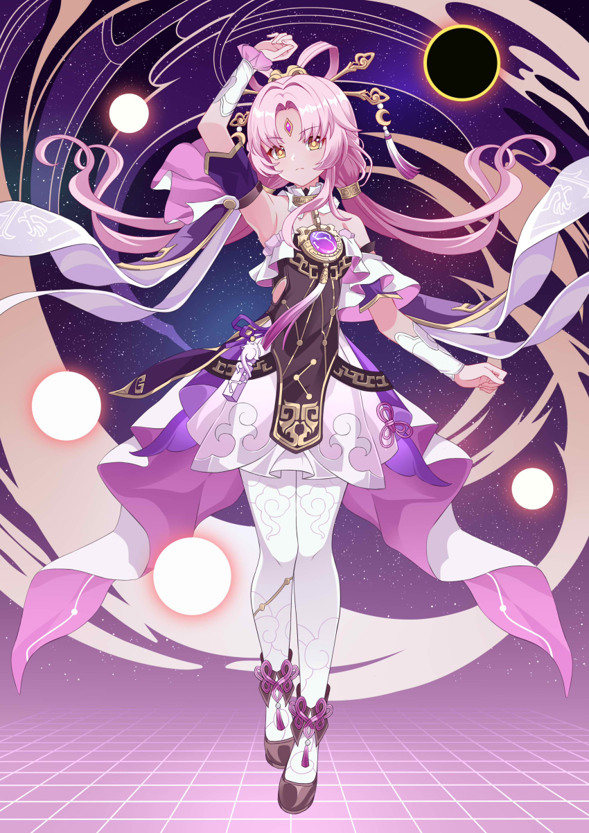 1girl absurdres bare_shoulders black_footwear black_sun bow-shaped_hair closed_mouth constellation constellation_print detached_sleeves dress feng_shao_kky_(arj0522) forehead_jewel fu_xuan_(honkai:_star_rail) hair_ornament hair_rings hair_stick highres honkai:_star_rail honkai_(series) jewelry long_hair looking_at_viewer low_twintails miniskirt pantyhose parted_bangs pink_hair pink_tassel purple_rope rope skirt solo sun tassel twintails very_long_hair white_pantyhose white_skirt yellow_eyes