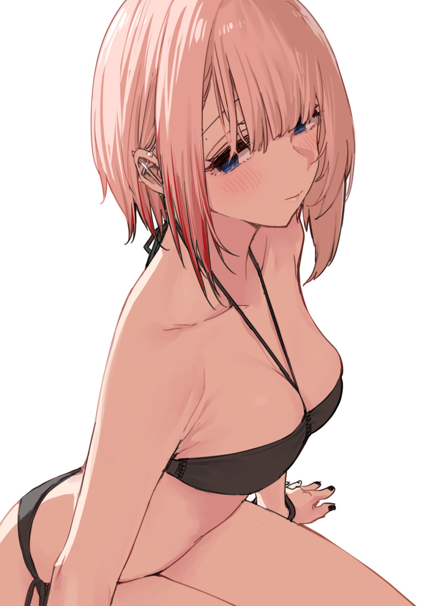 1girl arm_support bare_shoulders bikini black_bikini black_nails black_wristband blue_eyes blush breasts cleavage closed_mouth collarbone colored_tips commentary_request cross ear_piercing fingernails goshiki_suzu hair_over_one_eye highres large_breasts leaning_forward lips looking_to_the_side medium_hair multicolored_hair nail_polish original piercing pink_hair red_hair side-tie_bikini_bottom simple_background sitting sling_bikini_top solo stomach streaked_hair swimsuit thighs two-tone_hair white_background