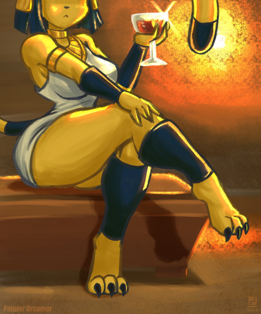 animal_crossing ankha_(animal_crossing) anthro beverage breasts claws clothed clothing digitigrade domestic_cat dress felid feline felis female hair hi_res mammal nintendo painterdreamer sitting tail white_clothing white_dress yellow_arms yellow_body yellow_fingers yellow_hands yellow_legs yellow_tail