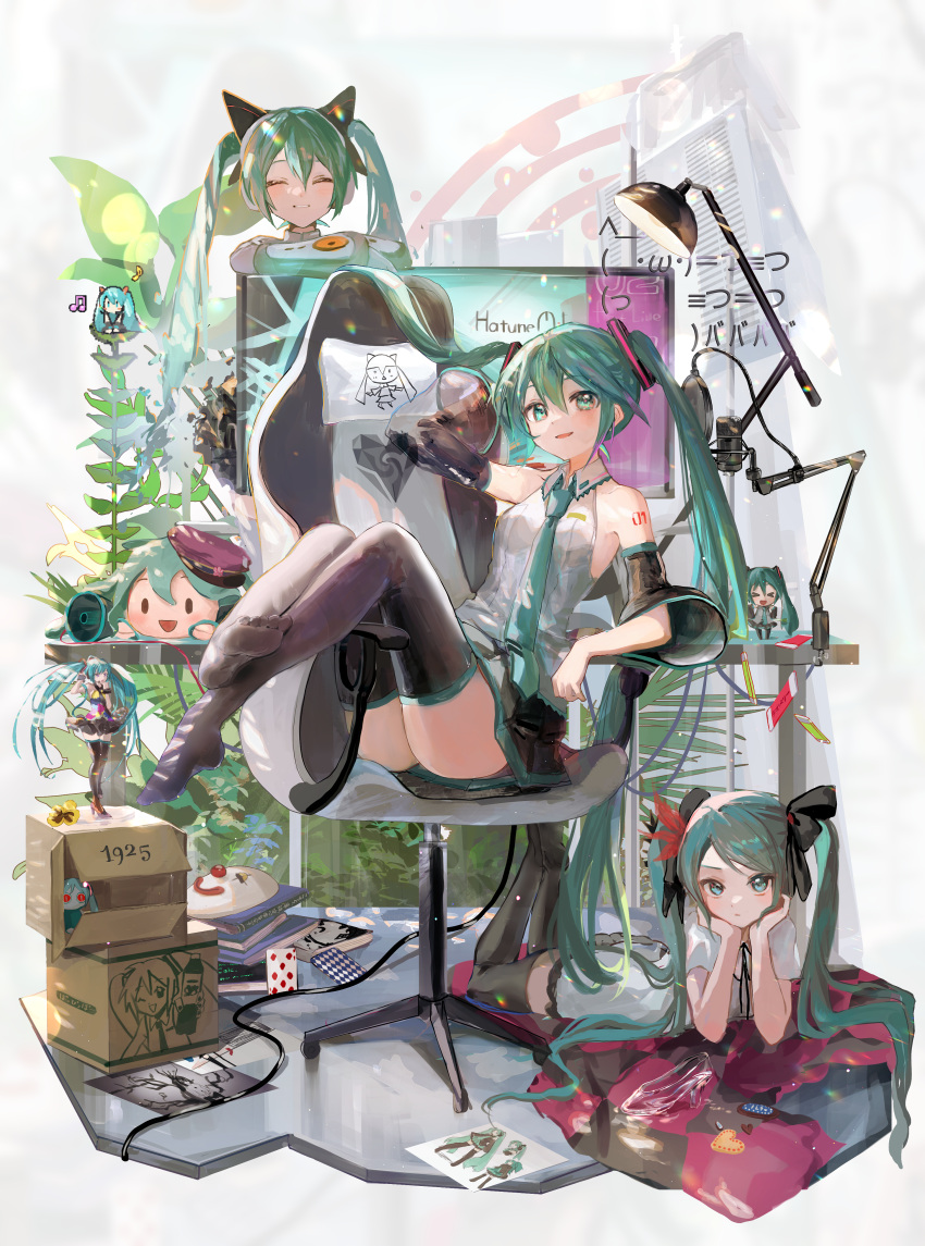 &gt;_&lt; 1925_(vocaloid) 3girls ^_^ absurdres aimaina aqua_eyes aqua_hair aqua_necktie black_ribbon black_sleeves blush box calc_(vocaloid) cardboard_box chair closed_eyes collared_shirt commentary cookie danmaku_comments dappled_sunlight desk desk_lamp detached_sleeves drawing dress figure flower food furrowed_brow gaming_chair glass_slipper grey_shirt hair_ornament hair_ribbon hands_on_own_cheeks hands_on_own_face hatsune_miku hatsune_miku_(if) headphones heartbeat_(module) hello_planet_(vocaloid) highres karakuri_pierrot_(vocaloid) kikinoki koi_wa_sensou_(vocaloid) lamp long_hair looking_at_viewer lying melt_(vocaloid) microphone monitor multicolored_clothes multiple_girls multiple_persona musical_note necktie nendoroid number_tattoo odds_&amp;_ends_(vocaloid) on_stomach peony_(flower) pixel_art plant poppippoo_(vocaloid) project_diva project_diva_(series) project_diva_f raspberry_monster_(vocaloid) ribbon romeo_to_cinderella_(vocaloid) saihate_(vocaloid) semi-transparent senbon-zakura_(vocaloid) shirt sitting smile song_request sunlight supreme_(module) swivel_chair tattoo teeth tell_your_world_(vocaloid) the_pose thighhighs translated twintails unknown_mother_goose_(vocaloid) very_long_hair vocaloid white_dress world_is_mine_(vocaloid) zettai_ryouiki