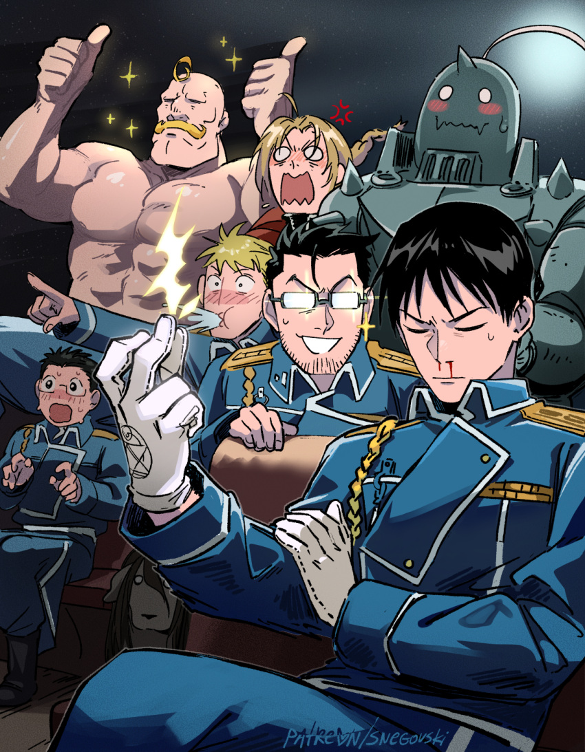 6+boys aiguillette alex_louis_armstrong alphonse_elric amestris_military_uniform anger_vein armor aroused bald black_eyes black_hair blonde_hair blood blue_jacket blue_pants blush blush_stickers braid braided_ponytail closed_eyes closed_mouth collared_jacket commentary double_thumbs_up edward_elric english_commentary facial_hair full_armor fullmetal_alchemist glasses gloves handlebar_mustache highres indoors jacket jean_havoc kain_fuery maes_hughes male_focus military military_jacket military_uniform multiple_boys muscular muscular_male mustache nina_tucker nosebleed opaque_glasses open_mouth outstretched_arm pants patreon_username pointing roy_mustang short_hair sitting smile snapping_fingers snegovski solid_circle_eyes sparkle spiked_hair stubble sweatdrop thumbs_up topless_male uniform wavy_mouth white_gloves wide-eyed