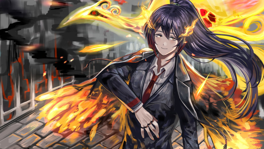 bird black_coat black_jacket blue_hair coat coat_on_shoulders fiery_clothing fire firebird_(lobotomy_corporation) fkrnnmr high_ponytail highres hong_lu_(limbus_company) jacket jewelry limbus_company long_hair long_sleeves looking_at_viewer multiple_rings phoenix project_moon ring sidelocks smile very_long_hair