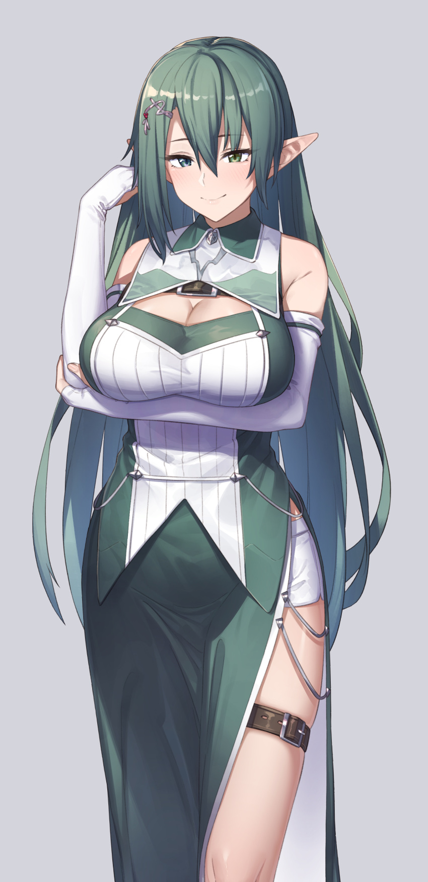 1girl absurdres bare_shoulders blush breasts cleavage cleavage_cutout clothing_cutout dress elbow_gloves elf fingerless_gloves gloves green_dress green_eyes green_hair hair_between_eyes hair_ornament highres ibuki_notsu large_breasts long_hair looking_at_viewer original pointy_ears side_slit smile solo thigh_strap thighs white_gloves