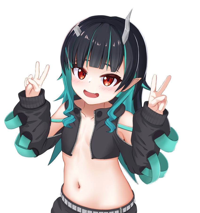 1girl black_hair black_skirt blue_hair blunt_bangs blush clothing_cutout commentary_request cropped_jacket demon_girl demon_horns double_v fang flat_chest grey_background highres horns jacket koneko_idk long_hair long_sleeves looking_at_viewer medium_bangs midriff multicolored_hair nanashi_inc. navel no_bra no_gloves open_clothes open_jacket open_mouth pointy_ears red_eyes shishio_chris shoulder_cutout simple_background skirt smile solo two-tone_hair upper_body v virtual_youtuber zipper
