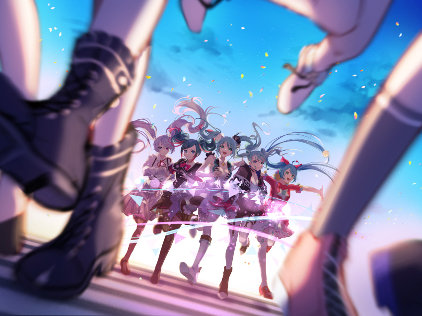 1boy 25-ji_miku 25-ji_nightcord_de._(project_sekai) 6+girls absurdres animal_ears ankle_boots ankle_bow aqua_hair azusawa_kohane backlighting belt black_footwear black_garter_straps blue_eyes blue_hair blue_sky blurry boots bow brooch buttons cat_ears checkered_clothes checkered_vest chest_harness choker clothes_writing clothing_cutout collared_dress colored_tips cropped_jacket cross-laced_footwear day depth_of_field detached_collar dot_nose double_bun drawstring dress dutch_angle earrings flats floral_print full_body garter_straps gradient_sky green_eyes grey_hair grey_socks hair_bun hair_ornament hanasato_minori harness hatsune_miku heterochromia highres hood hooded_jacket hoop_earrings hoshino_ichika_(project_sekai) jacket jewelry jumping knee_boots kneehighs knees_together_feet_apart lace-up_boots layered_dress leo/need_(project_sekai) leo/need_miku light_particles light_smile lineup long_sleeves looking_at_viewer lower_body more_more_jump!_(project_sekai) more_more_jump!_miku motion_blur multicolored_hair multiple_girls multiple_persona neck_ribbon o-ring o-ring_choker outdoors own_hands_together paperclip_hair_ornament petals pink_footwear pink_hair pink_ribbon pom_pom_(clothes) pom_pom_hair_ornament project_sekai purple_eyes red_ribbon ribbon running shoes short_sleeves single_horizontal_stripe sky sneakers socks sparkle standing standing_on_one_leg star_brooch star_cutout steepled_fingers strapless strapless_dress streaked_hair striped striped_dress sunlight tenma_tsukasa thighhighs transformation triangle twintails two-tone_hair vest vivid_bad_squad_(project_sekai) vivid_bad_squad_miku vocaloid white_dress white_footwear white_thighhighs wing_collar wonderlands_x_showtime_(project_sekai) wonderlands_x_showtime_miku wrist_cuffs yoisaki_kanade yuzuha_wasa