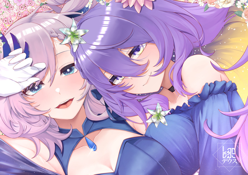 2girls black_choker blue_eyes blush breasts choker cleavage cleavage_cutout closed_mouth clothing_cutout dress feather_hair_ornament feathers flower gloves gradient_hair grey_hair hair_flower hair_ornament hololive hololive_indonesia hug landacdeus large_breasts long_hair looking_at_viewer moona_hoshinova multicolored_hair multiple_girls open_mouth pavolia_reine pink_flower purple_dress purple_eyes purple_hair smile teeth upper_teeth_only virtual_youtuber white_flower white_gloves yellow_eyes