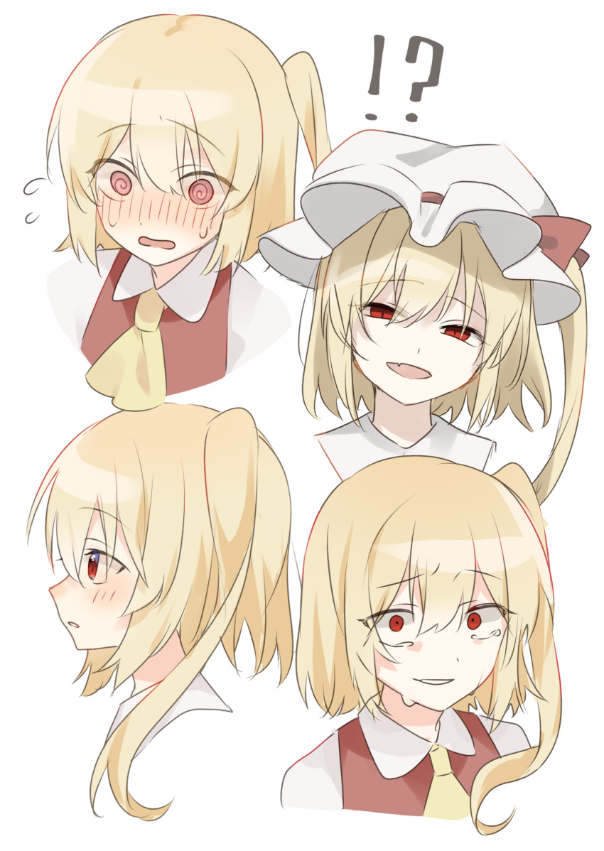 !? +_+ 1girl :d @_@ ascot blonde_hair blush closed_eyes cropped_shoulders expressions eyes_visible_through_hair fang flandre_scarlet flying_sweatdrops full-face_blush half-closed_eyes hat highres mob_cap multiple_views no_headwear one_side_up pointy_ears profile short_hair_with_long_locks simple_background skin_fang smile suikario touhou white_background yellow_ascot