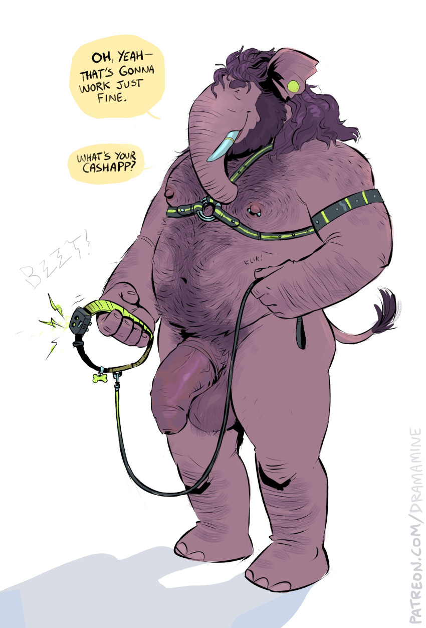 2023 absurd_res anthro arm_hair armband balls beard belly belly_hair biceps big_belly body_hair chest_hair collar dialogue dramamine ear_piercing elephant elephantid facial_hair forearm_hair forearms foreskin genitals hair hairy hairy_balls happy_trail harness hi_res holding_collar holding_leash holding_object leash leather leather_harness leg_hair long_hair male mammal manly musclegut muscular navel nipple_piercing nipples nude pecs penis piercing proboscidean pubes purple_hair shadow shock_collar shoulder_hair simple_background slightly_chubby solo standing triceps tusk_jewelry tusks vein veiny_penis white_background