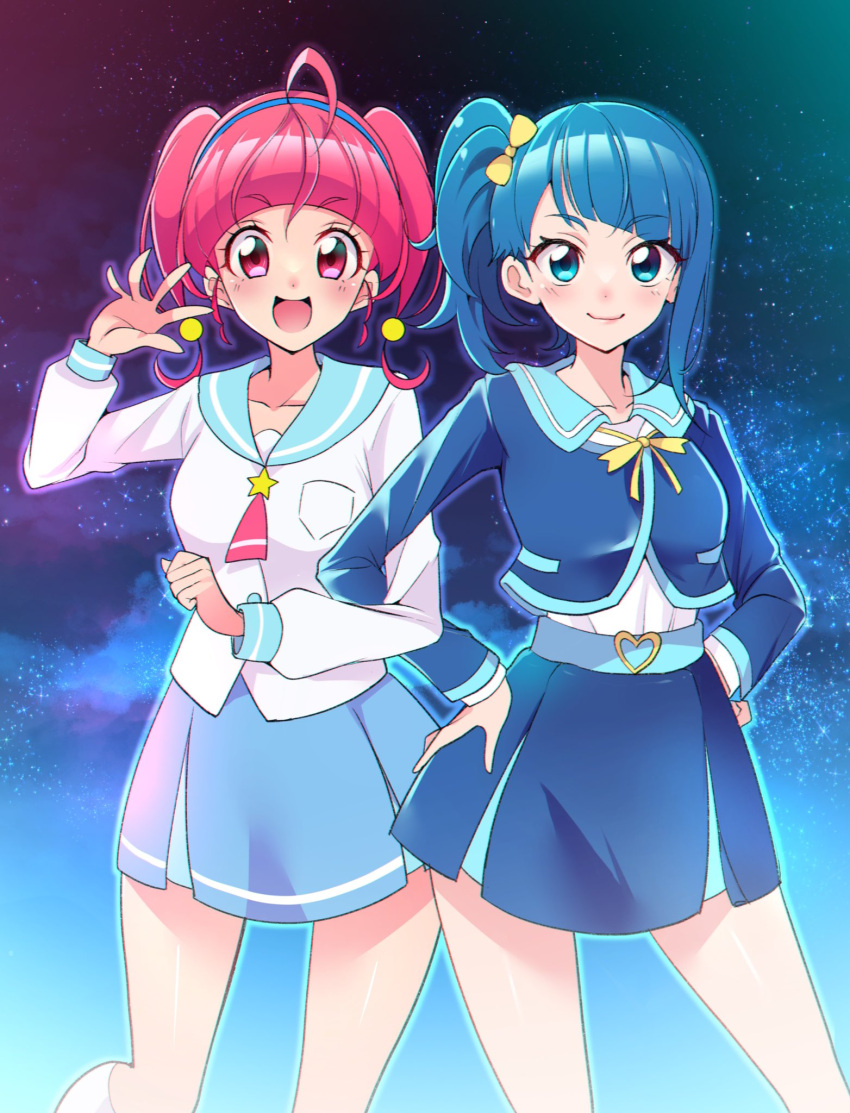 ahoge belt blue_eyes blue_hair blue_headband blue_sailor_collar blue_skirt earrings headband highres hirogaru_sky!_precure hoshina_hikaru jewelry long_hair long_sleeves mihoshi_middle_school_uniform mitsuki_tayura pink_eyes pink_hair precure sailor_collar school_uniform serafuku side_ponytail single_sidelock skirt sora_harewataru sorashido_academy_school_uniform star_twinkle_precure twintails