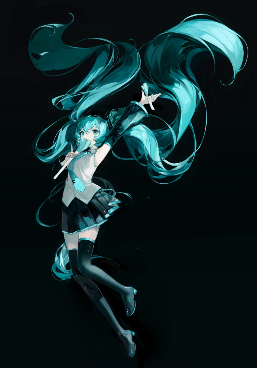 1girl absurdly_long_hair absurdres arm_up armpits black_background black_footwear black_skirt blue_eyes blue_hair blue_necktie boots collared_shirt covering_mouth detached_sleeves floating_hair food full_body hand_up hatsune_miku high_heel_boots high_heels highres holding holding_food holding_spring_onion holding_vegetable kikihuihui long_hair long_sleeves looking_up miniskirt necktie outstretched_arm shirt simple_background skirt sleeveless sleeveless_shirt spring_onion thigh_boots twintails vegetable very_long_hair vocaloid white_shirt