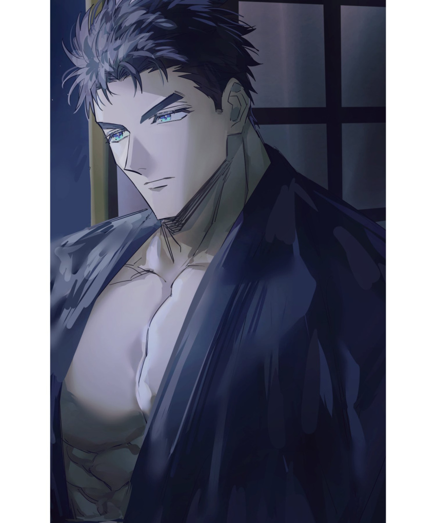 1boy abs bara black_hair black_robe blue_eyes closed_mouth domo_(domo_kizusuki) eyelashes highres kokado_shido_(domo) large_pectorals looking_to_the_side male_focus muscular muscular_male night open_clothes open_robe original pectoral_cleavage pectorals robe short_hair sideburns solo thick_eyebrows