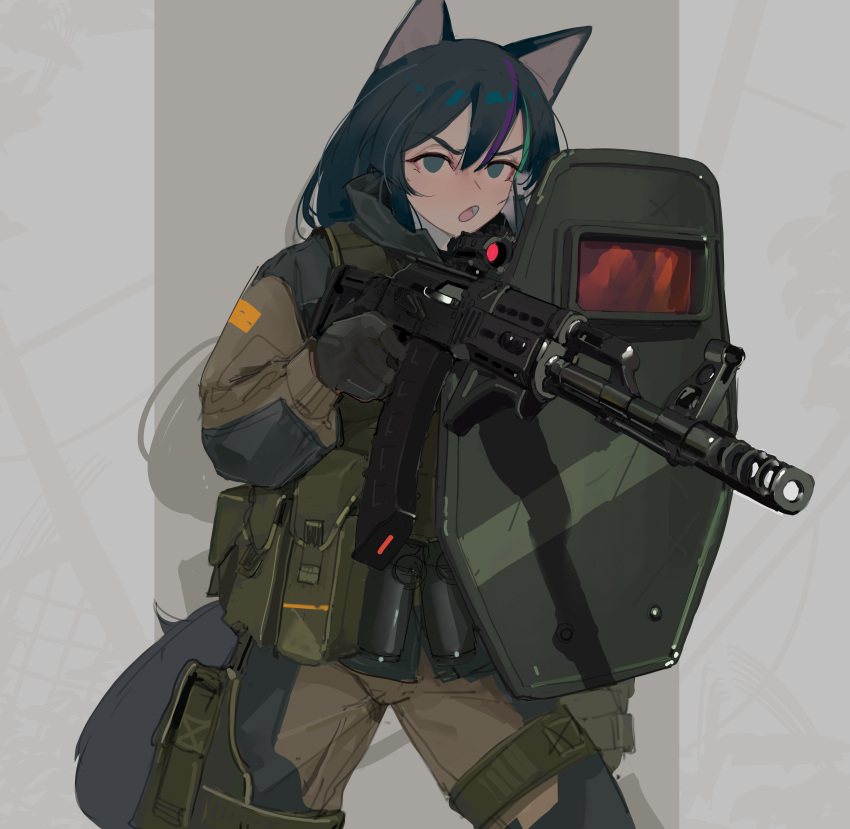 1girl absurdres animal_ears black_gloves black_hair blue_eyes gloves gun highres holding holding_gun holding_shield holding_weapon long_hair looking_at_viewer military military_uniform open_mouth original polilla riot_shield shield solo tail uniform weapon