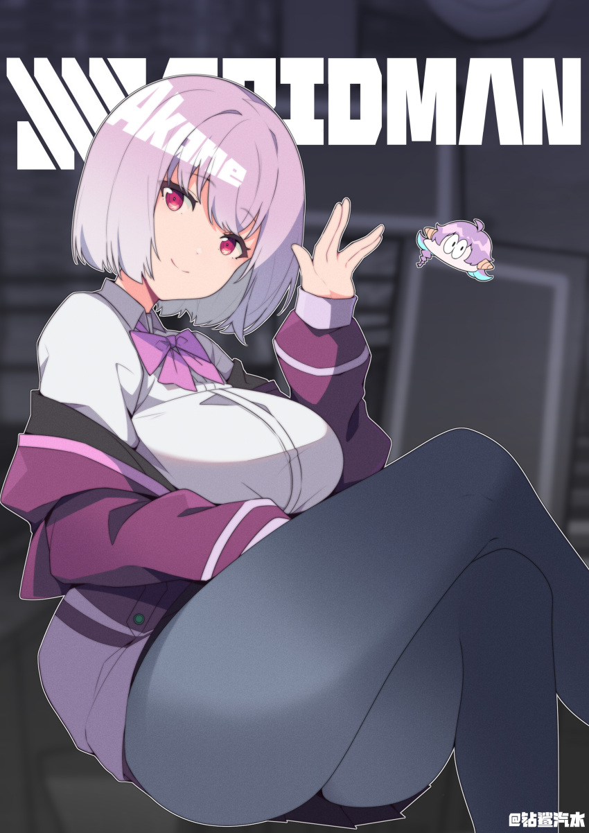 1girl absurdres anchorage_akiko black_skirt blurry blurry_background bow breasts collared_shirt copyright_name crossed_legs dress_shirt feet_out_of_frame grey_pantyhose gridman_universe hand_up highres jacket large_breasts long_sleeves off_shoulder open_clothes open_jacket pantyhose pink_bow pleated_skirt puffy_long_sleeves puffy_sleeves purple_hair purple_jacket red_eyes shinjou_akane shirt short_hair skirt solo ssss.gridman white_shirt