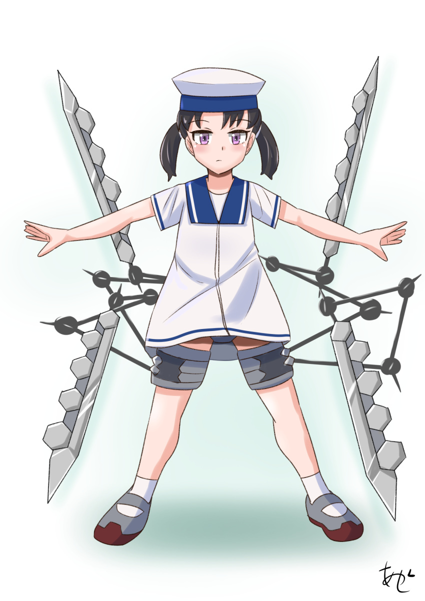 1girl akashieru black_hair blade blue_collar blue_sailor_collar collar dress hat highres kantai_collection one-hour_drawing_challenge outstretched_arms panties pantyshot purple_eyes rudder_footwear sailor_collar sailor_dress sailor_hat shoes short_hair short_sleeves shounan_(kancolle) simple_background solo thigh_strap twintails underwear uwabaki white_background white_dress white_headwear white_panties