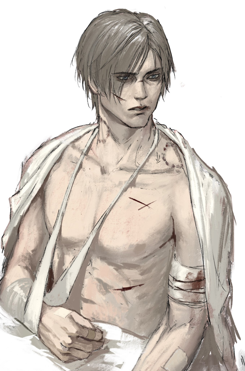 1boy arm_sling bags_under_eyes bandaged_arm bandages bandaid bandaid_on_arm bandaid_on_hand bed_sheet bite_mark bite_mark_on_neck bite_mark_on_shoulder blanket blood blood_on_bandages blue_eyes brown_hair collarbone curtained_hair cuts highres injury leon_s._kennedy looking_to_the_side male_focus mrs.yega_(nai0026er) muscular muscular_male resident_evil resident_evil_4 resident_evil_4_(remake) scratches short_hair sitting solo topless_male