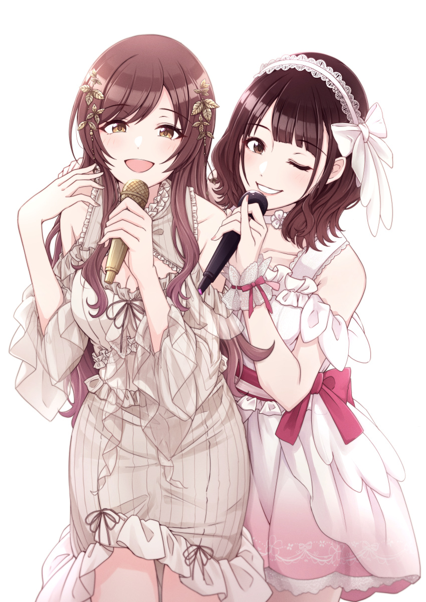 2girls absurdres animification arm_around_shoulder bare_shoulders blunt_bangs blush breasts brown_eyes brown_hair choker cleavage collarbone dress flower frilled_dress frilled_sleeves frills gradient_dress gradient_hair grin hair_flower hair_ornament hair_ribbon hairband half-closed_eyes hand_on_another's_shoulder highres holding holding_microphone idol_clothes idolmaster idolmaster_shiny_colors kuroki_honoka kusaka_io laurel_crown long_hair long_sleeves looking_at_viewer medium_breasts microphone multicolored_hair multiple_girls one_eye_closed open_mouth osaki_amana pink_dress real_life red_hair ribbon short_hair simple_background smile striped striped_dress swept_bangs teeth vertical-striped_dress vertical_stripes white_background white_choker white_dress wrist_cuffs yellow_eyes