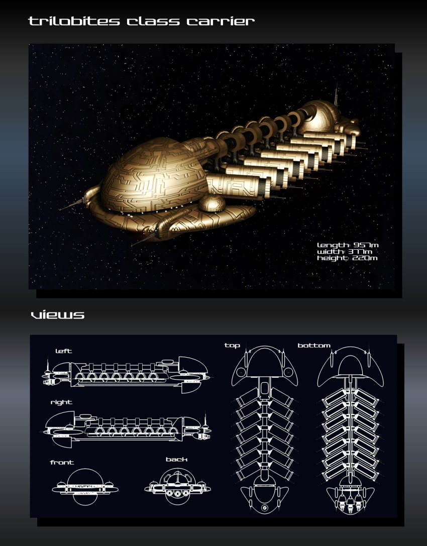 3d amarr_empire_(eve_online) battleship_(eve_online) carrier commentary concept_art english_text eve_online from_side glowing highres military_vehicle multiple_views no_humans original radio_antenna reference_sheet science_fiction sky space spacecraft star_(sky) starry_sky thrusters toneloperu vehicle_focus