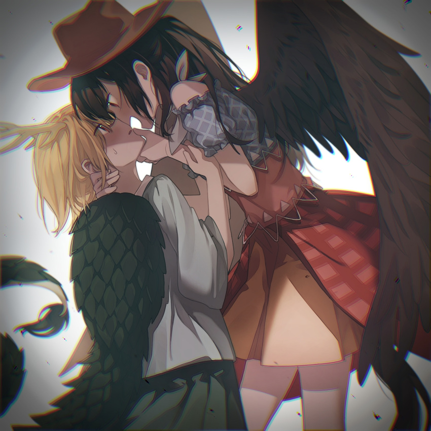 2girls antlers bandana blonde_hair blue_shirt blush bow brown_hair brown_headwear brown_wings cowboy_hat dragon_girl dragon_tail eye_contact feathered_wings green_bow hand_on_another's_arm hand_on_another's_chin hand_on_another's_neck hat highres horse_tail inuko_(ink0425) kicchou_yachie kurokoma_saki long_hair long_sleeves looking_at_another multiple_girls off-shoulder_shirt off_shoulder pegasus_wings plaid plaid_skirt ponytail red_eyes shirt short_hair short_sleeves skirt standing sweatdrop tail touhou turtle_shell white_background white_bandana wings yellow_horns yellow_skirt yuri