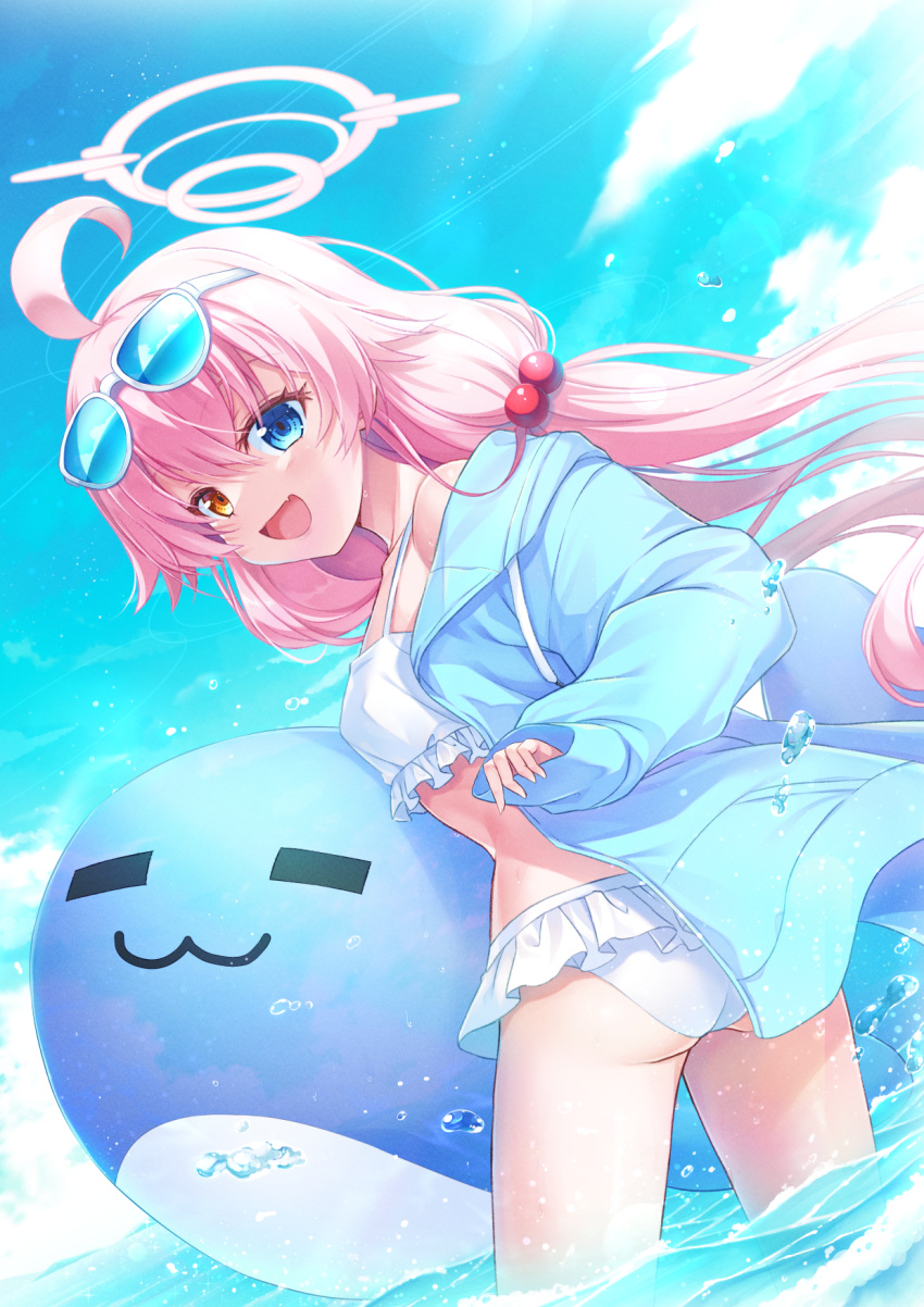 1girl ahoge ass bbbbunny bikini blue_archive blue_eyes breasts commentary_request covered_nipples fang frilled_bikini frills from_behind hair_between_eyes halo heterochromia highres hoshino_(blue_archive) hoshino_(swimsuit)_(blue_archive) inflatable_toy long_hair looking_at_viewer low_twintails ocean off_shoulder open_mouth partially_submerged pink_hair sidelocks small_breasts smile summer sunglasses swimsuit twintails white_bikini yellow_eyes