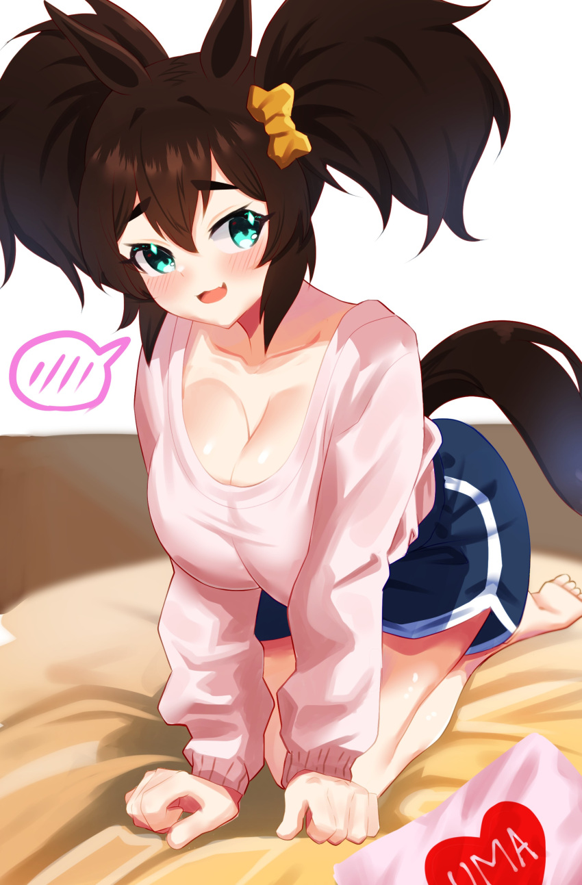 1girl absurdres animal_ears aqua_eyes blue_shorts blush breasts brown_hair cleavage collarbone dolphin_shorts fang hair_ribbon hakurogi heart heart_print highres horse_ears horse_girl horse_tail inari_one_(umamusume) kneeling large_breasts leaning_forward open_mouth pillow print_pillow ribbon shorts skin_fang solo spoken_blush sweater tail twintails umamusume white_background yellow_ribbon