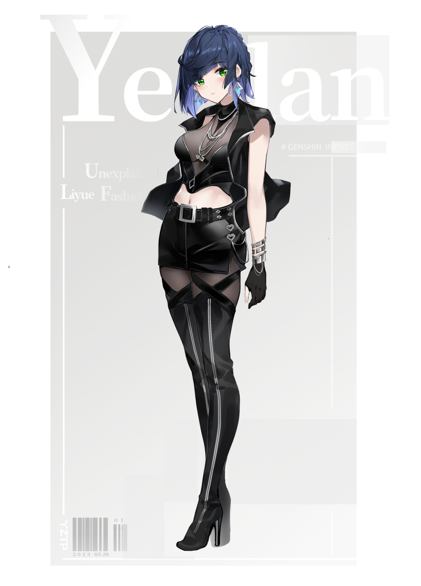 1girl absurdres alternate_costume belt black_belt black_gloves black_skirt black_vest blue_hair boots bracelet breasts cover crop_top diagonal_bangs earrings fake_magazine_cover full_body genshin_impact gloves green_eyes high_heel_boots high_heels highres jewelry magazine_cover medium_breasts midriff miniskirt navel necklace parted_lips short_hair skirt sleeveless solo vest yelan_(genshin_impact) yztp_(sanmery)