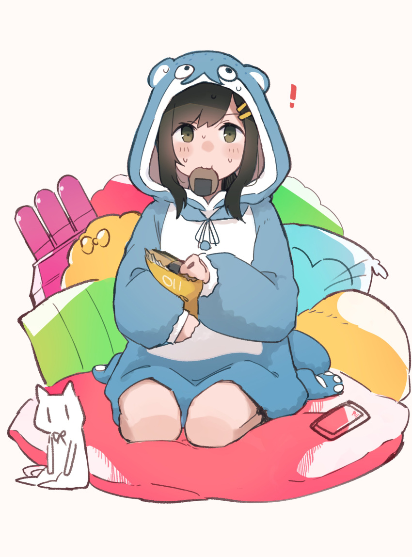 ! 1girl :3 absurdres black_hair blue_hoodie blush bokukawauso caught cellphone chips_(food) cushion food fubuki_(kancolle) green_eyes highres hood hoodie kantai_collection ma_rukan phone pillow sweat torpedo_tubes