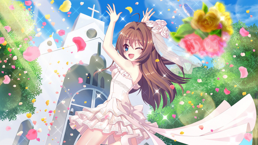 1girl ahoge arms_up bare_shoulders blue_eyes blue_sky bouquet bouquet_toss breasts bridal_veil brown_hair church cloud cross crucifix day dot_nose dress film_grain flower from_behind game_cg high_heels izumi_tsubasu layered_skirt lens_flare long_hair looking_back medium_breasts non-web_source official_art one_eye_closed open_mouth outdoors petals pink_flower pink_rose re:stage! rose rose_petals shikimiya_aone skirt sky smile solo sparkle standing standing_on_one_leg strapless strapless_dress sunlight tree veil wedding_dress white_footwear yellow_flower yellow_rose