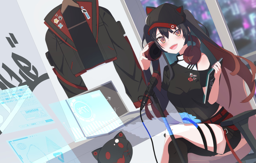 1girl :d belt black_hair black_headwear black_shirt breasts brown_eyes brown_hair chair clothes_hanger commentary computer crossed_legs gradient_hair headphones highres hinata_hikage holographic_interface indie_virtual_youtuber indoors jacket jacket_removed laptop microphone multicolored_hair nanahoshi_nana red_belt shirt shorts small_breasts smile solo tablet_pc twintails virtual_youtuber window