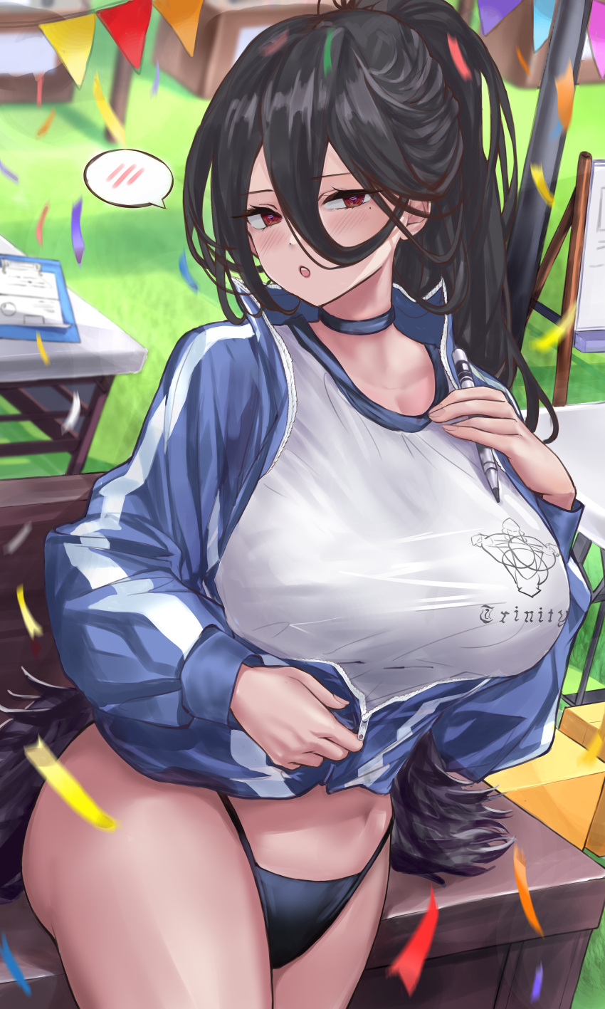 1girl :o absurdres black_choker black_hair black_panties blue_archive blush breasts choker commentary confetti gym_shirt gym_uniform hair_between_eyes hasumi_(blue_archive) hasumi_(track)_(blue_archive) highres huge_breasts jacket long_bangs looking_at_viewer mole mole_under_eye navel nuo_(fttv3255) panties partially_unzipped red_eyes shirt solo spoken_blush stomach track_jacket underwear