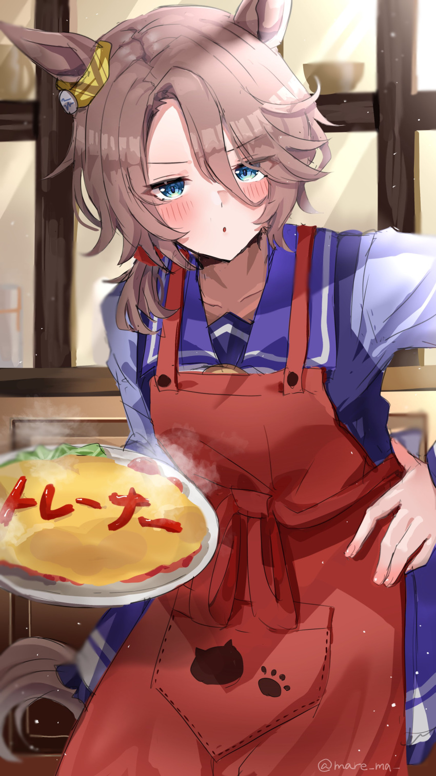 1girl absurdres animal_ears apron aqua_eyes blush brown_hair commentary_request cowboy_shot ear_ornament food hand_on_own_hip highres holding holding_plate horse_ears horse_girl horse_tail indoors long_hair looking_at_viewer mare_ma narita_taishin_(umamusume) omelet omurice parted_lips plate purple_serafuku purple_shirt purple_skirt red_apron school_uniform serafuku shirt short_hair skirt solo steaming_food tail tracen_school_uniform twitter_username umamusume window