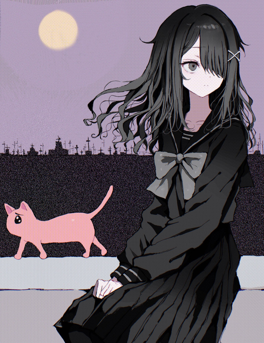 1girl alternate_costume ame-chan_(needy_girl_overdose) black_eyes black_hair black_serafuku black_shirt black_skirt bow bowtie cat expressionless floating_hair grey_bow hair_down hair_ornament hair_over_one_eye highres long_hair long_sleeves moon needy_girl_overdose outdoors own_hands_together pale_skin school_uniform serafuku shirt sitting skirt solo x_hair_ornament yuyuyuyhz