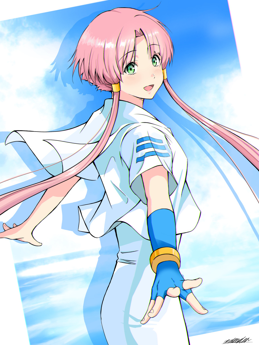 1girl absurdres andanden aria aria_company_uniform blue_gloves blue_sky cloud cloudy_sky dress eyelashes fingerless_gloves from_behind gloves green_eyes hair_tubes highres looking_at_viewer mizunashi_akari open_mouth parted_bangs pink_hair shadow short_hair_with_long_locks short_sleeves signature single_glove sky solo undine_(aria) white_dress