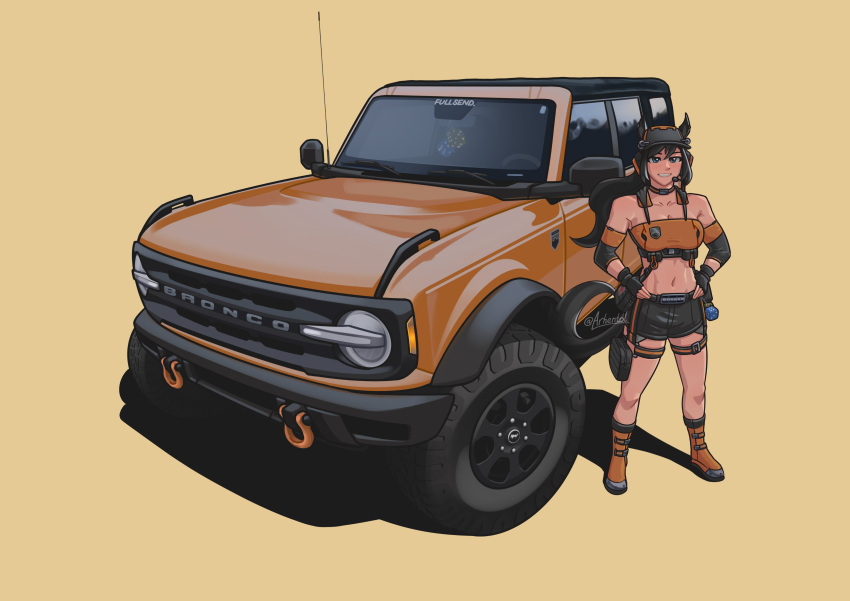 1girl absurdres animal_ears arhentol baseball_cap black_gloves black_headwear black_shorts blue_eyes boots breasts car cleavage commission dice english_commentary fingerless_gloves ford ford_bronco gloves hands_on_own_hips hat headset highres horse_ears horse_girl horse_tail long_hair looking_at_viewer medium_breasts motor_vehicle orange_background orange_footwear orange_tube_top original parted_lips ponytail shadow shorts smile solo sports_utility_vehicle strapless tail thigh_pouch thigh_strap tube_top vehicle_focus