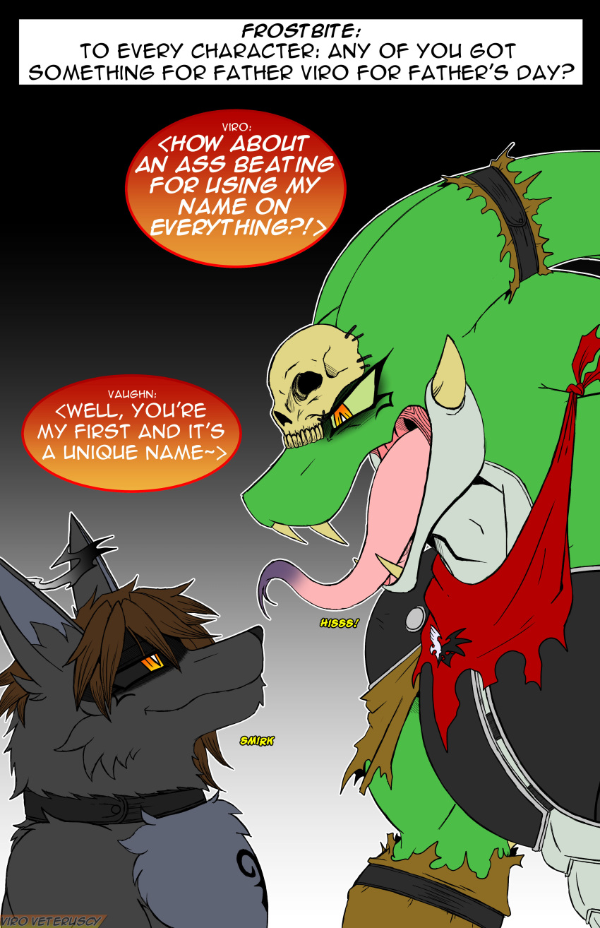 2023 absurd_res anthro armor ask_blog black_sclera bone collar deity duo english_text fur green_body green_scales grey_body grey_fur hi_res male mammal message open_mouth profanity reptile scales scalie skull sound_effects text tongue tongue_out user_message username vaughn_(viroveteruscy) viro_veteruscy_(character) viroveteruscy white_body white_scales world_gates yellow_eyes