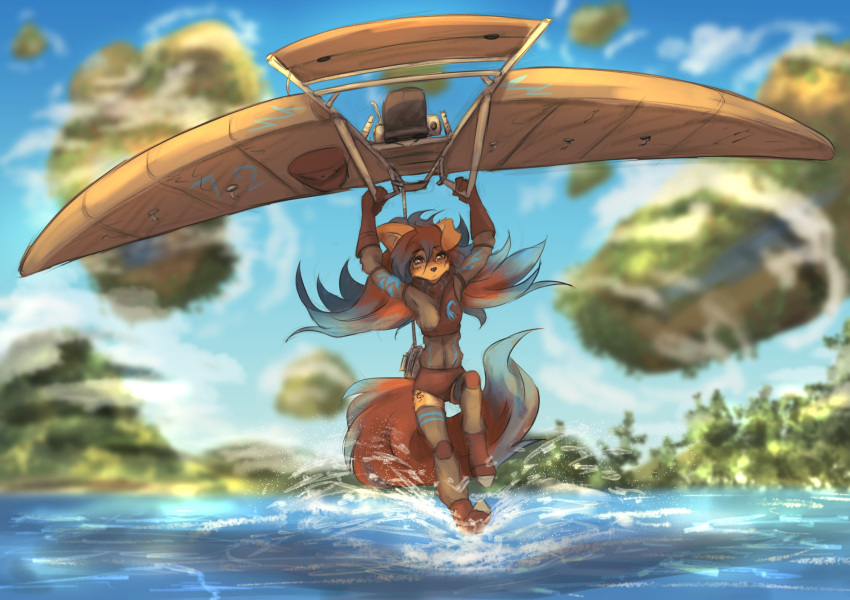 absurd_res anthro apogee_(tinygaypirate) breasts brown_eyes brown_hair canid canine canis clothed clothing cloud domestic_dog ear_flop eye_piercing female floating_island fully_clothed fur gloves hair handwear hang_glider hanging_by_arms hi_res inner_ear_fluff leg_tattoo long_hair long_tail mammal rope solo tail tan_body tan_fur tattoo thigh_tattoo tinygaypirate tuft water
