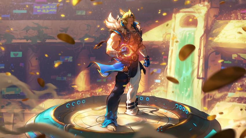 1boy abs animal_ear_fluff bandaged_arm bandages barefoot black_gloves black_pants blonde_hair blue_headband chain coin collarbone full_body gloves gold_coin headband highres league_of_legends muscular muscular_male official_art pants sett_(league_of_legends) short_hair solo soul_fighter_sett standing white_pants