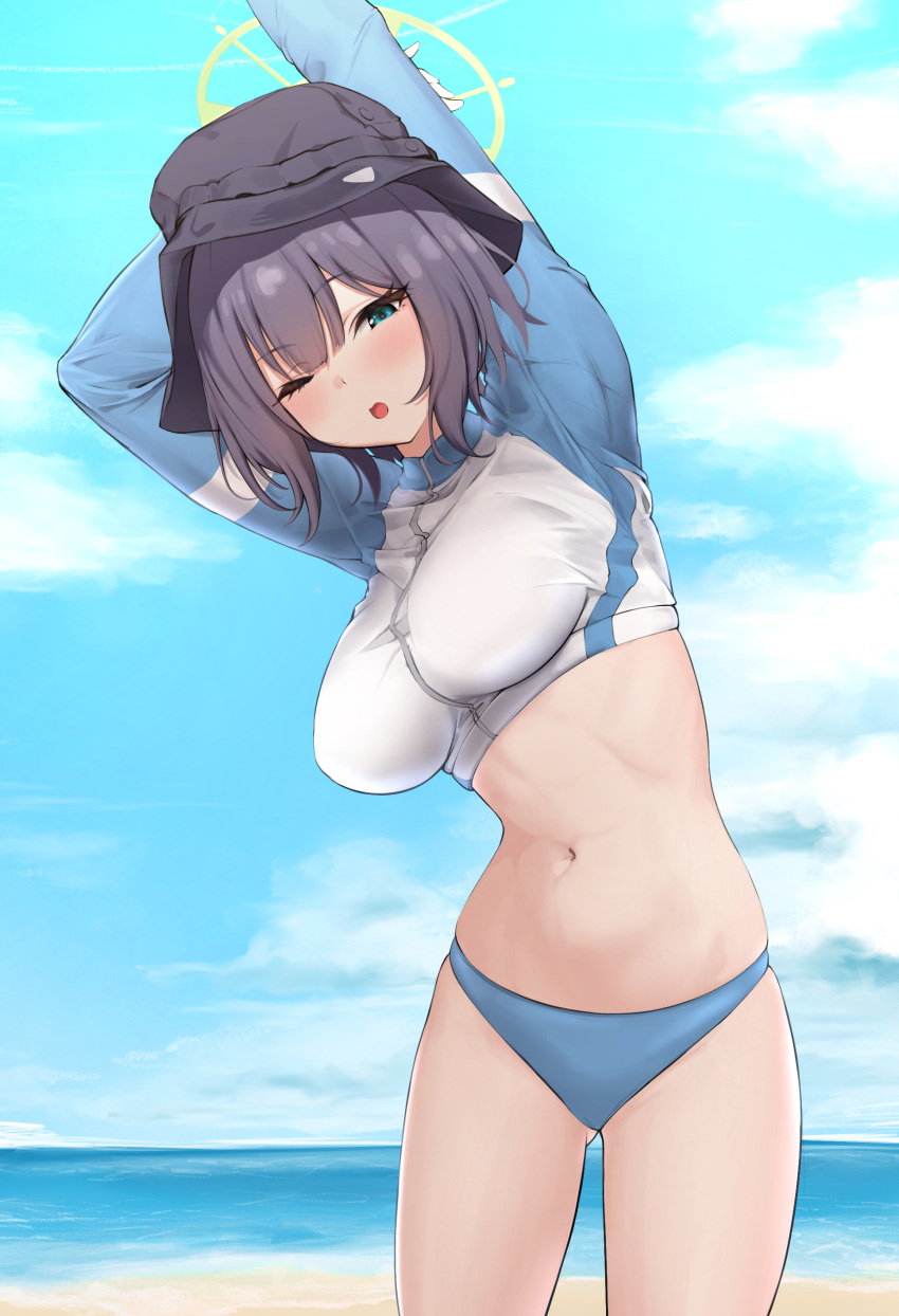 1girl ;o absurdres arms_up beach bikini bikini_bottom_only blue_archive blue_bikini blush breasts bucket_hat halo hat highres hkuran large_breasts looking_at_viewer navel official_alternate_costume one_eye_closed outdoors purple_hair raglan_sleeves rash_guard saki_(blue_archive) saki_(swimsuit)_(blue_archive) solo stomach stretching swimsuit