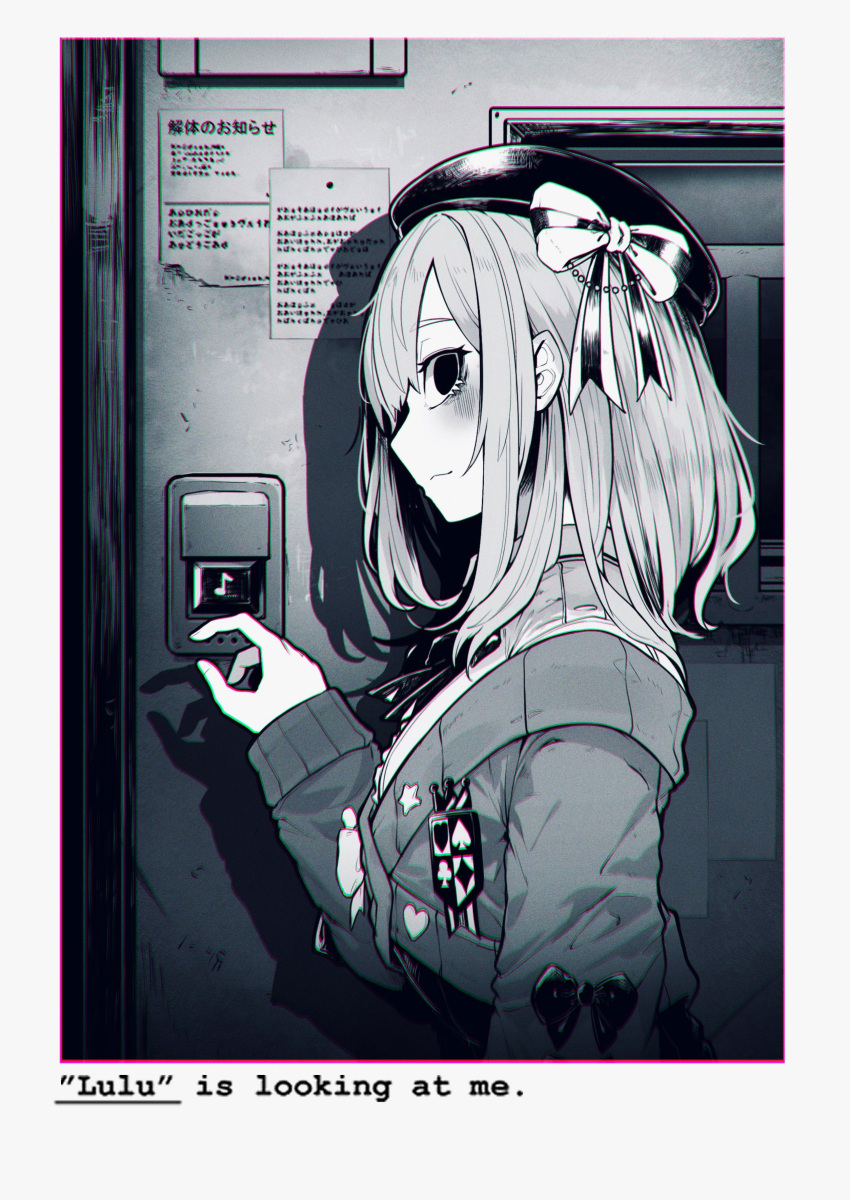 1girl :3 absurdres arm_at_side asymmetrical_bangs beret black_eyes blush border bow cardigan chromatic_aberration collared_shirt door doorbell english_text facing_to_the_side fingernails frilled_shirt frills greyscale hand_up hat hat_bow hatyuuruinohito head_tilt high-waist_skirt highres horror_(theme) indoors light_smile lips long_hair long_sleeves looking_at_viewer monochrome nijisanji paper puffy_long_sleeves puffy_sleeves reaching shirt skirt solid_circle_pupils solo suzuhara_lulu two-tone_bow upper_body virtual_youtuber white_border