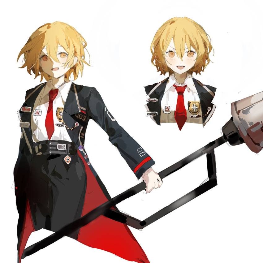 1girl badge black_coat blonde_hair blush coat collared_shirt don_quixote_(limbus_company) happy highres holding holding_polearm holding_weapon lance limbus_company liyln02617464 long_sleeves looking_at_viewer multiple_views necktie open_mouth polearm project_moon red_necktie shirt short_hair silver_trim simple_background smile sticker weapon white_background white_shirt wing_collar yellow_eyes